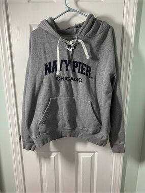 Navy Pier Chicago Grey Lace-Up Hooded Sweatshirt